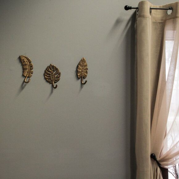 Set of 3 Cast Iron Gold Tropical Leaf Decorative Wall Hooks Towel Hanger Rack - Picture 7 of 8